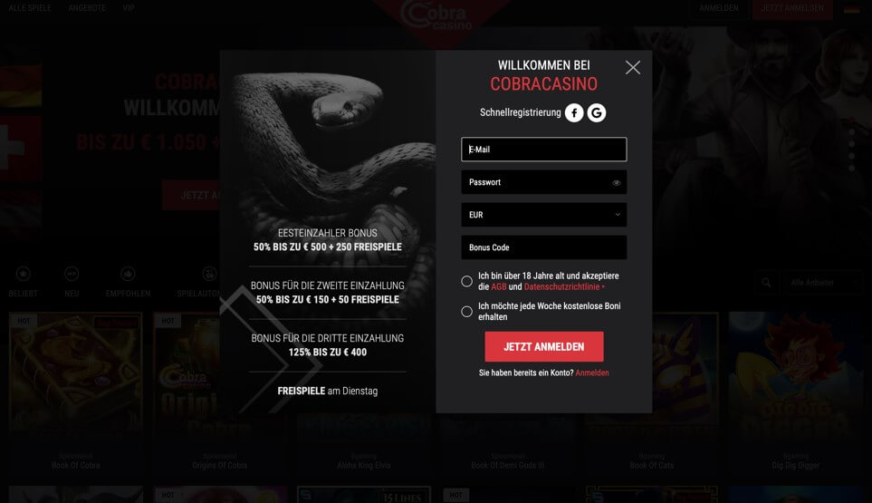 Cobra Casino Registrierungsformular ausfüllen