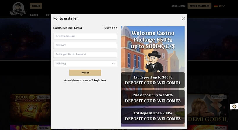 Harry’s Casino - Registrierungsformular