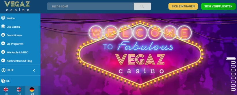 Vegaz Casino Homepage